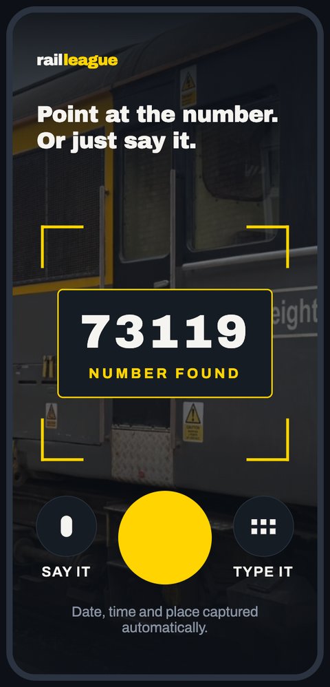 App screen: point the camera at the number and RailLeague reads it.